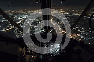 illustration, view of the city at night from a height, in the cockpit of an airplane, generative ai