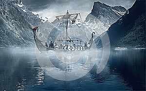 Viking ship in intense fog preparing to set sail from Scandinavia photo