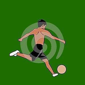 illustration of a village boy playing soccer without a shirt dribbling and kicking the ball