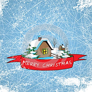 A illustration of village hut with merry christmas banner on ice background and snow texture
