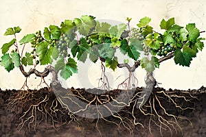 Illustration of a vine plant with roots, leaves, and flowers in natural material