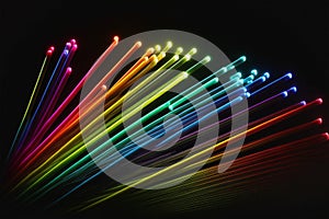 Vint neon glow sticks forming rainbow over dark background, creative digital illustration painting
