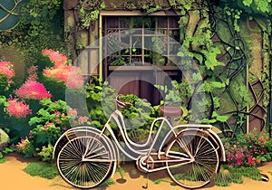 Illustration of a Vintage Bicycle Resting Against a White garden house in an Overgrown Garden