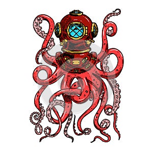 Illustration of vintage diver helmet with octopus tentacles. Design element for poster, card, banner, clothes decoration