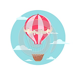 Illustration of vintage hot air balloon with ribbons in the sky with cloud. Retro air transport. Vector flat image