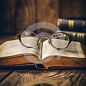 Illustration of vintage reading glasses on an open book