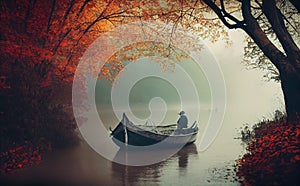 Illustration of vintage style fishing boat in the misty lake during autumn time, AI-generated image