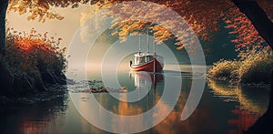 An Illustration of vintage style fishing boat in the misty lake during autumn time, AI-generated image