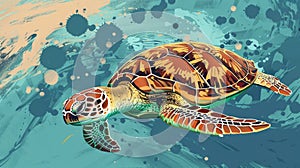 illustration, vintage style, World Turtle Day, big turtle underwater