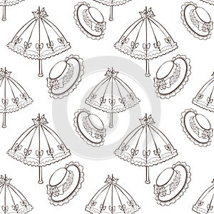 Illustration of vintage umbrella, hat. Seamless background fashionable modern wallpaper or textile.