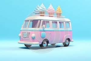 Illustration of vintage van with ice cream on roof in pastel colors on blue backgrond.