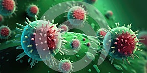 Illustration of Viral Cells in Green and Red for Scientific Study and Healthcare