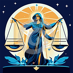 Illustration of the Virgin Mary with scales of justice. Vector illustration AI Generated