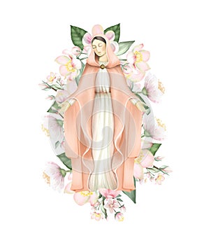 Illustration of Virgin Mary and spring apple blossom flowers