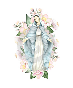 Illustration of Virgin Mary and spring apple blossom flowers