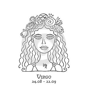 Illustration of Virgo zodiac sign. Element of Earth. Beautiful Girl Portrait. One of 12 Women in Collection For Your