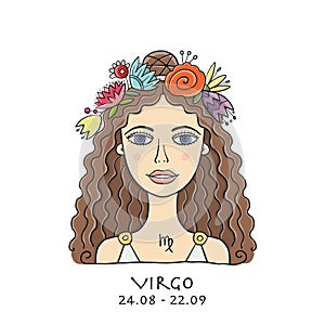 Illustration of Virgo zodiac sign. Element of Earth. Beautiful Girl Portrait. One of 12 Women in Collection For Your