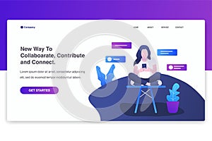 Illustration of virtual communication social networking. The girl looks in a smartphone. Modern flat design concept, landing page