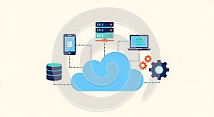 Cloud Computing Services Data Storage, Servers, Laptop, Phone Gears Network