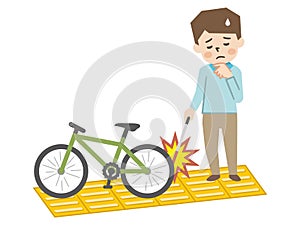 Illustration of a visually impaired man who has a bicycle on a Braille block and has difficulty walking