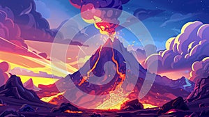 Illustration of a volcanic eruption with heat, fire, smoke, ash, and gases. A landscape with rocks, a mountain with a