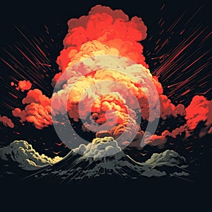 an illustration of a volcano with red smoke coming out of it