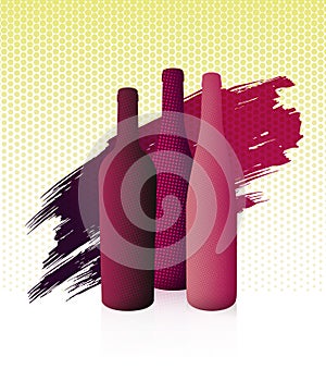 Illustration with volume of different wine bottles. Colours of red and rosÃ© wine. Halftone dot texture