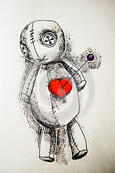 Illustration of voodoo doll with black handle with heart