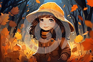 Illustration of walking cute girl in autumn park. Orange mood