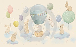 Illustration wall art for children\'s room, balloon and bunnies, greeting card