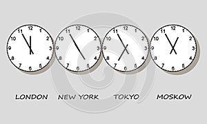 illustration, wall clock in a row, four capitals world clock