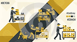 Warehouse workers loading and unloading packages onto carts for delivery