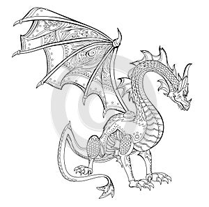 Illustration of warlike dragon from ancient legend. Printable page for kids coloring book. Print for logo or tattoo. Sheet for