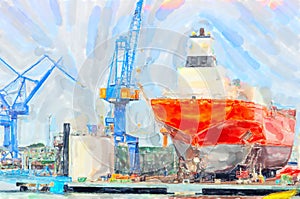 Illustration of Warnemunde shipyard at Rockstock harbor. Canes around the industrial ship
