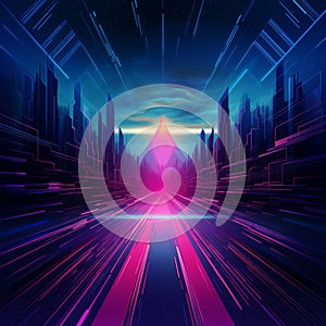 Illustration of a warp traveling in a futuristic city landscape in shades of pink and purple with a center roa