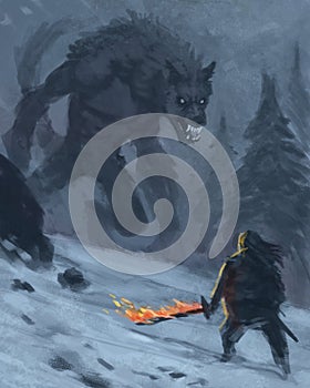 Illustration of a warrior with a magic flaming sword facing off with a werewolf in a frozen night environment - digital fantasy