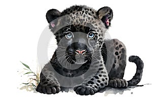 Illustration of watercolor cute baby black panter, ai generative