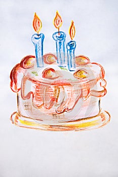 Illustration watercolor Delicious cake with whipped cream and three candles