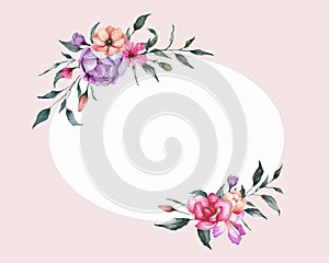 Illustration of Watercolor Flowers Frame with Colorful Vintage Flowers and Green Leaves