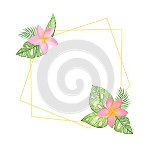 Illustration watercolor gold geometric frame with a composition of tropical leaves and pink exotic flowers