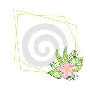 Illustration watercolor gold geometric frame with a composition of tropical leaves and pink exotic flowers