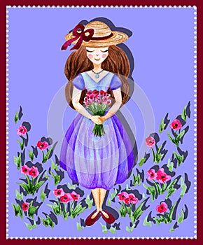 Illustration of watercolor hand drawn cute girl with Spring flowers. Romantic woman with hat and bouquet. Floral blue background