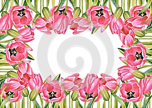 Illustration of watercolor hand drawn frame with pink tulips, isolated on white background. Spring floral postcard