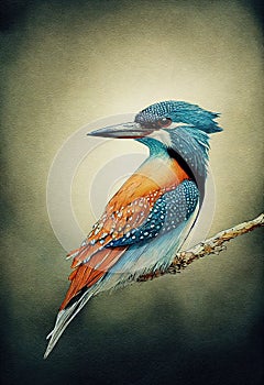 Illustration of watercolor kingfisher, abstract color background. Digital art photo