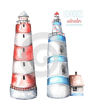 Illustration with watercolor lighthouses