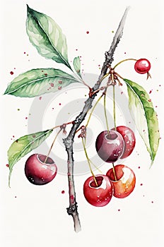 illustration of watercolor painting cherries on the white background