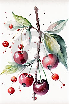 illustration of watercolor painting cherries on the white background