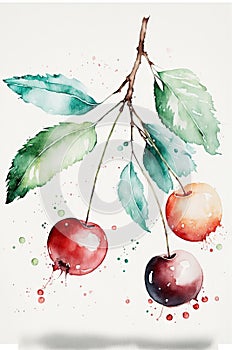 illustration of watercolor painting cherries on the white background