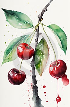 illustration of watercolor painting cherries on the white background