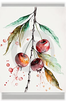 illustration of watercolor painting cherries on the white background